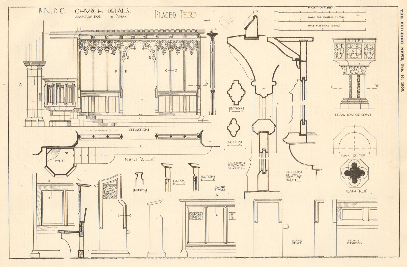 Church details by ''Anak''. Elevations, plans & sections 1906 old print